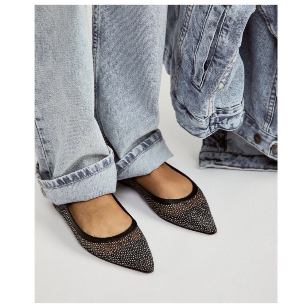 NEW Free People Jules Glitter Mesh Pointed Toe Ankle Strap Flat 9.5, BLACK